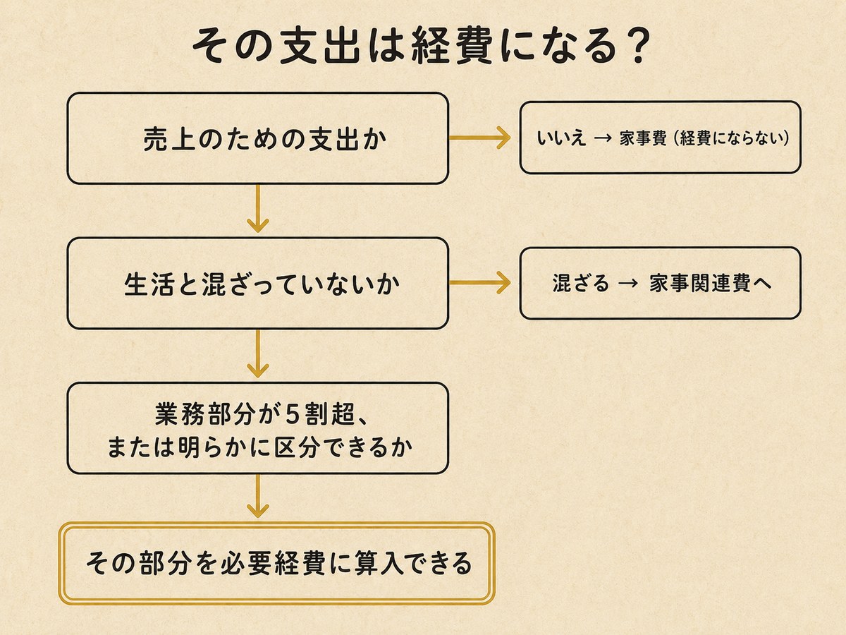 必要経費になるかを判定する3段階のフロー図。売上のための支出か、生活と混ざっていないか、業務部分が5割超または明らかに区分できるか、を順に判定する