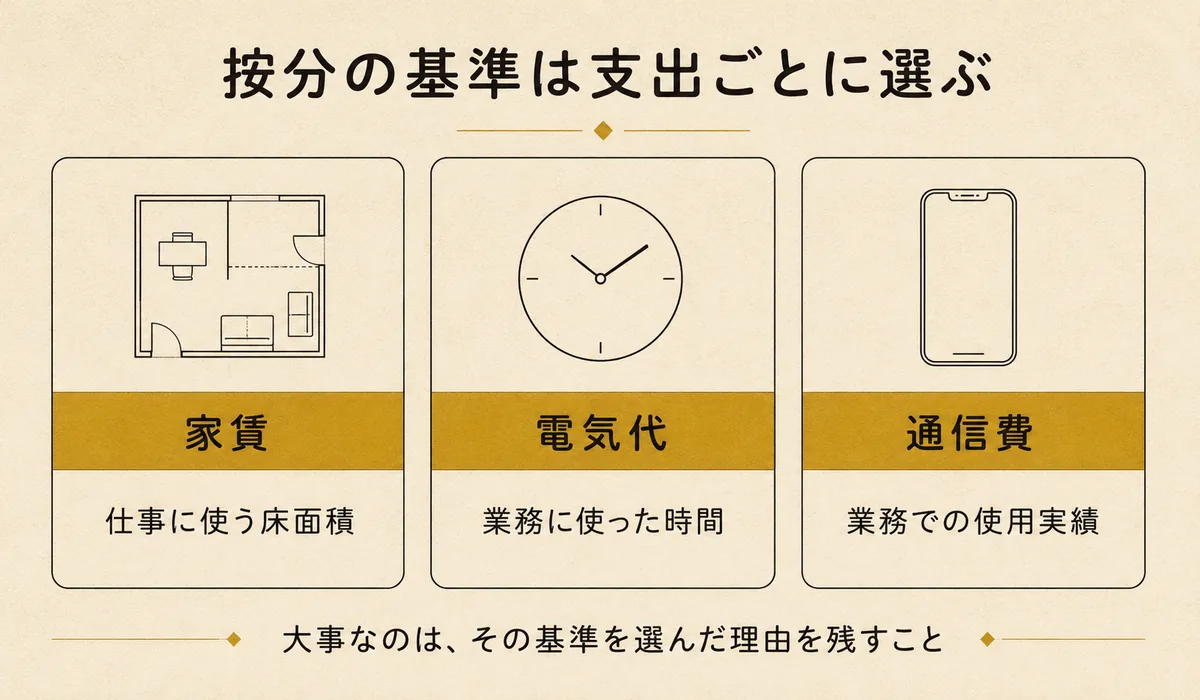 1人親方の家事関連費を按分する基準の例。家賃は仕事に使う床面積、電気代は業務に使った時間、通信費は業務での使用実績で按分することを示した3列の図